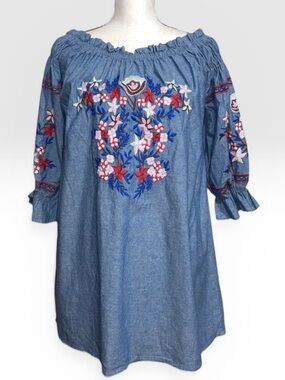 Philosophy Lost in Lunar Embroidered Chambray Off The Shoulder Peasant Dress
